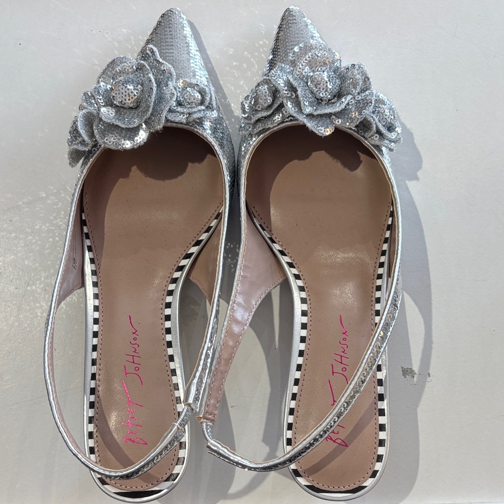 Silver Sequin Pointed Slingback Flats with Floral Applique
